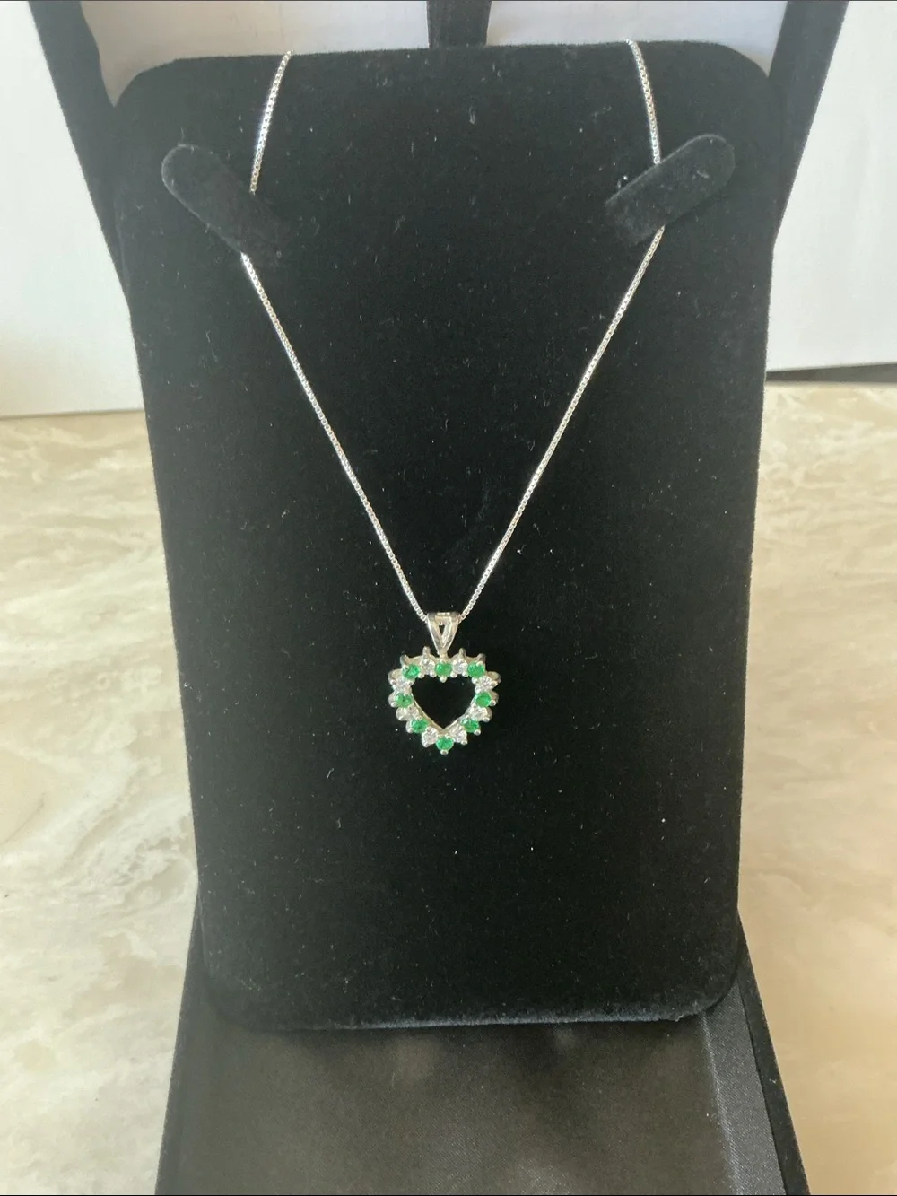 Sterling Silver Heart Pendant with Green and White CZ on Sterling Silver Chain
